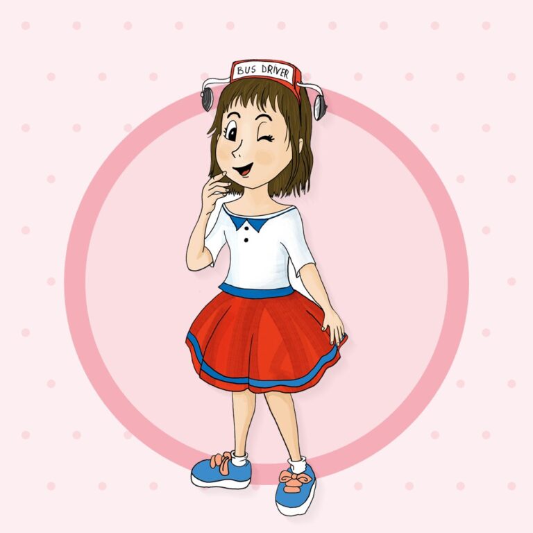 Beatrice in her red skirt and BUS DRIVER hat