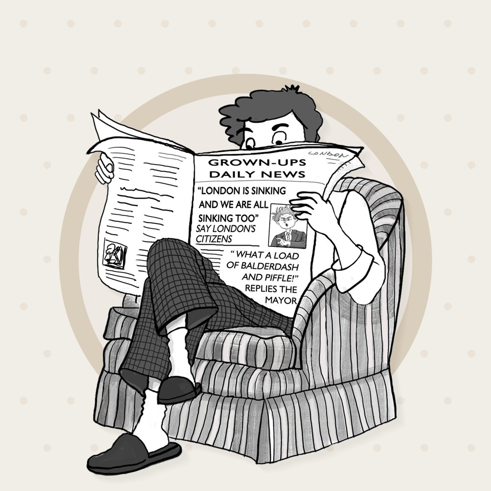Beatrice's father in an armchair behind the Grown-Ups Daily News
