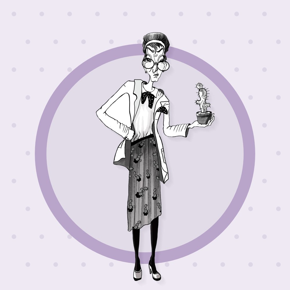 Mortisia in round spectacles, holding a small potted cactus