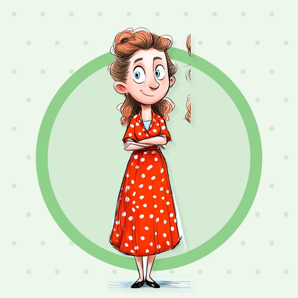 Beatrice's mother in a red polka-dot dress, arms folded