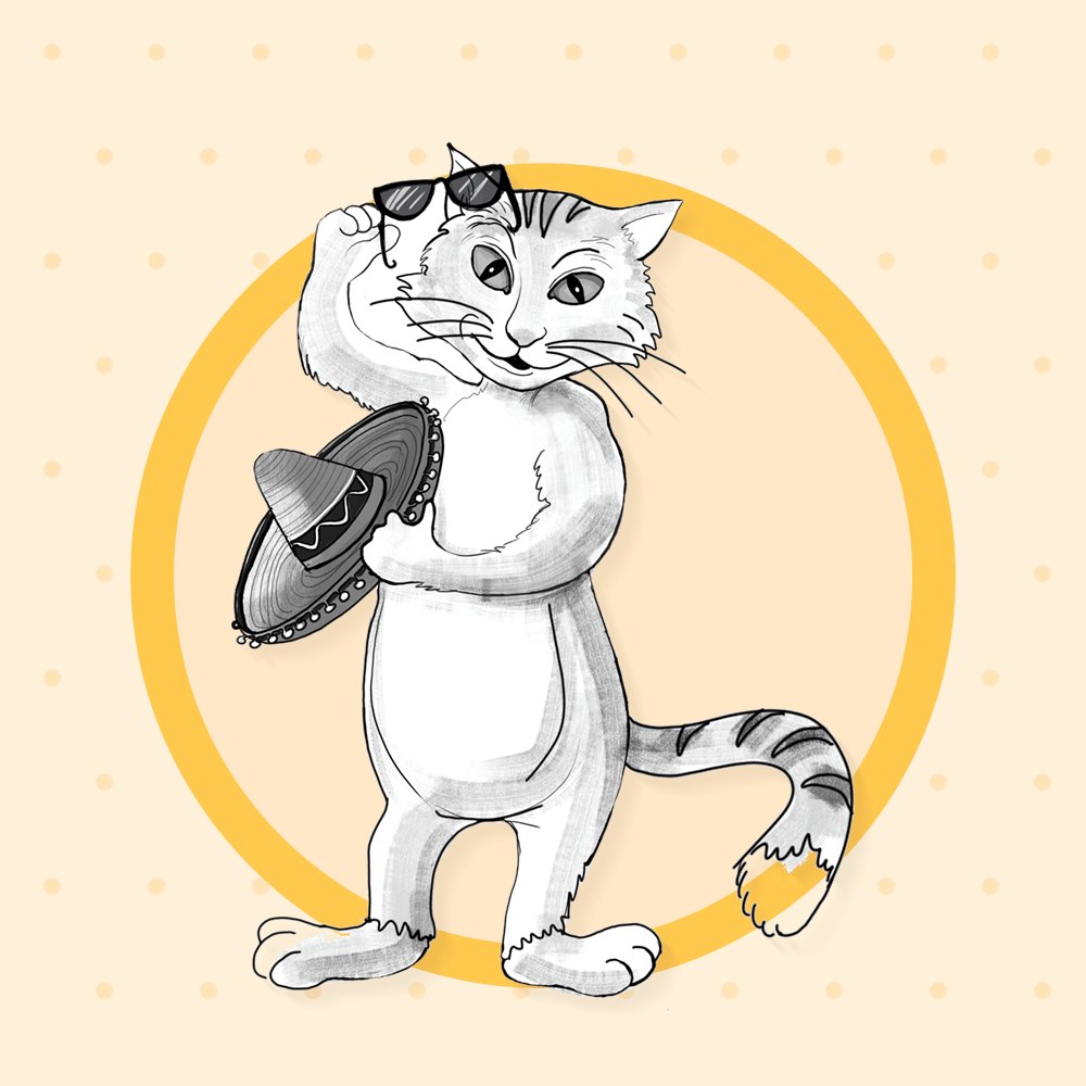 Pepe the cat in sunglasses, holding a sombrero