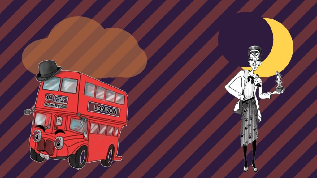 The London Bus and Mortisia under a Halloween moon