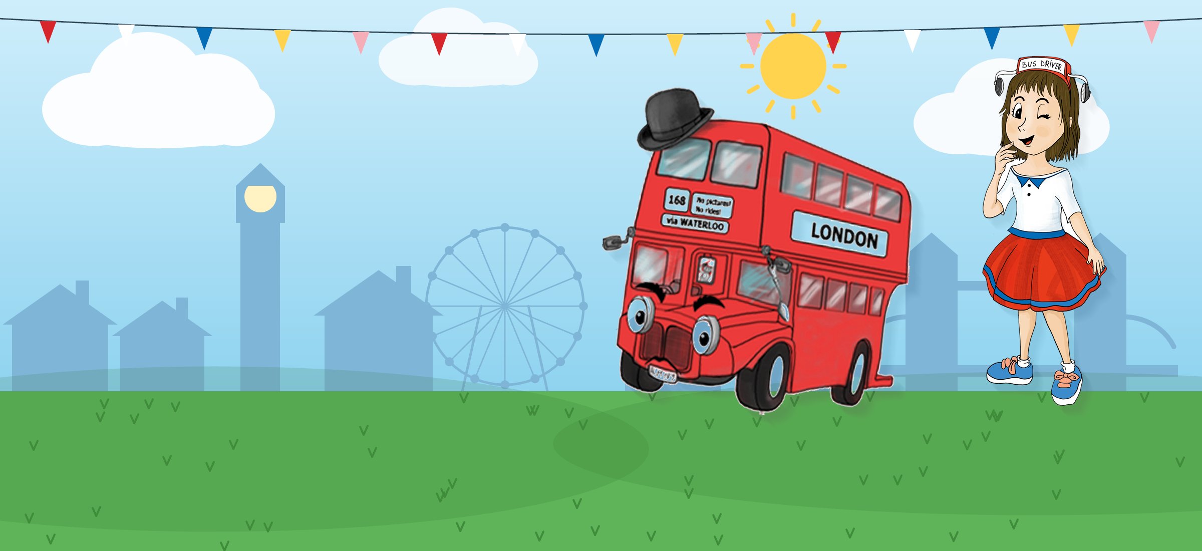 Beatrice and RM 168 via Waterloo on a green meadow, with the London skyline behind them